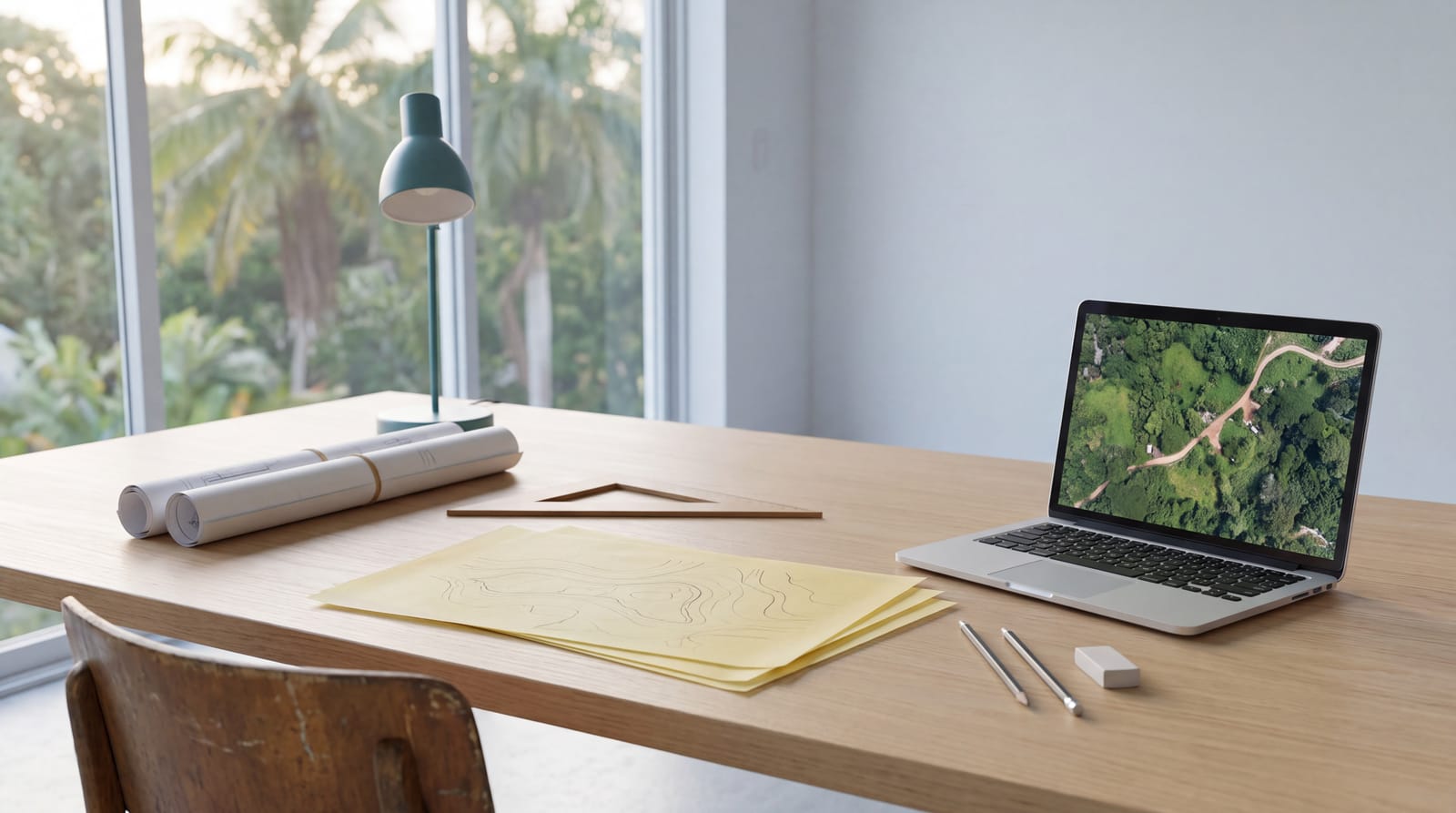 Mesa de trabajo de un estudio de planeamiento con planos, papel de calco y escalímetro.